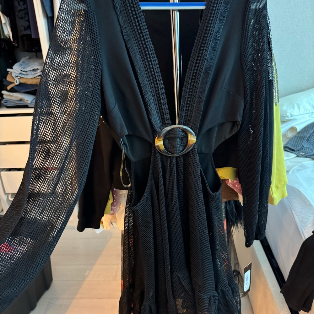 Bebe Black Mesh Long Sleeve Dress with Belt